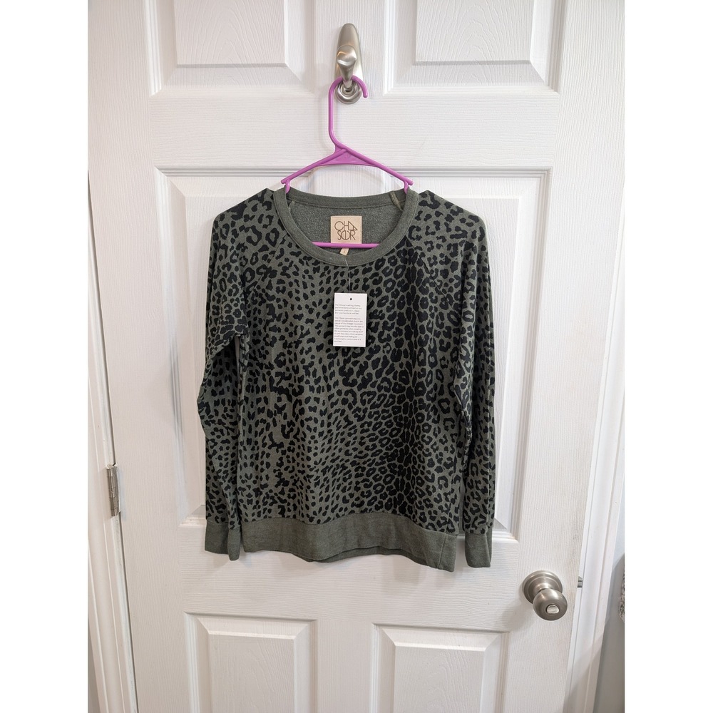 Chaser Leopard Print Sweatshirt Women Olive Green Pullover Raglan - Size S